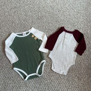 Baby Boys Waffle Knit Raglan Bodysuits Set Size 0-3 Months Green Maroon